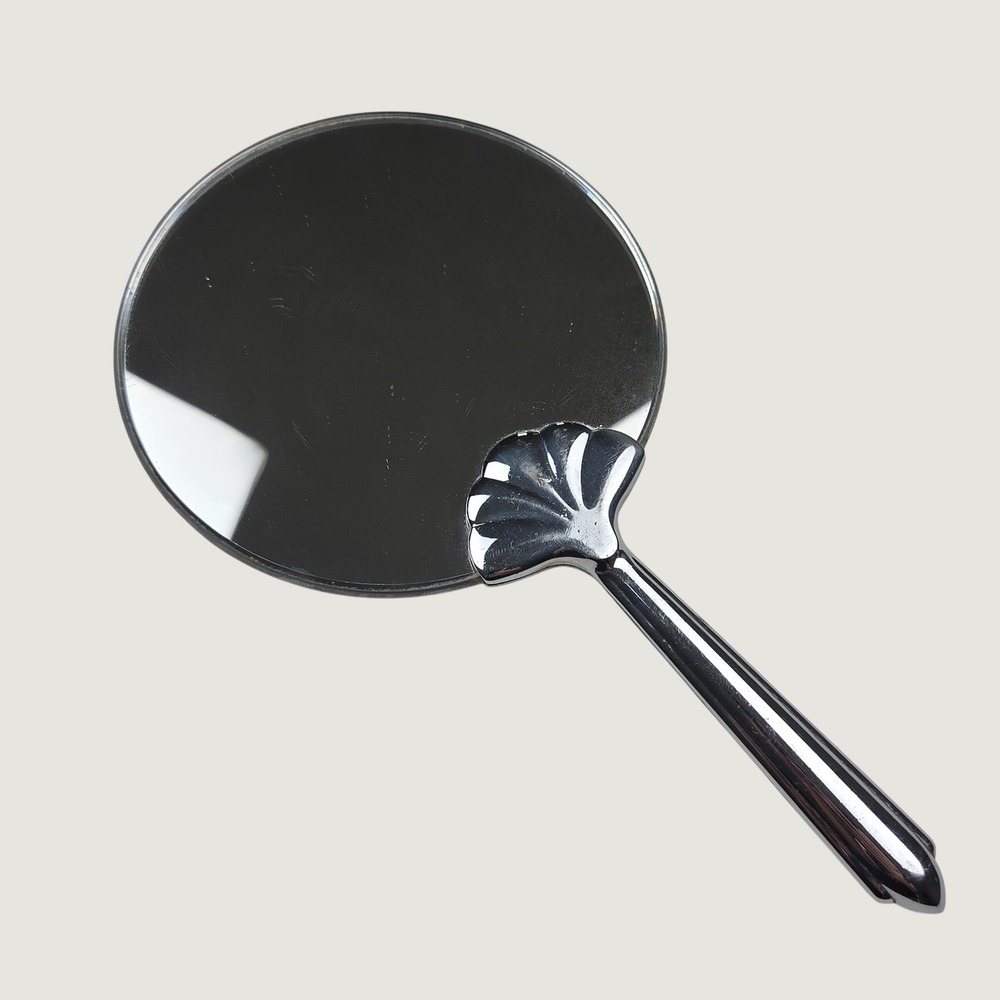Vintage Hand Mirror 80s 70s Art Deco Chrome Plate Silver Tone Shell Handle
